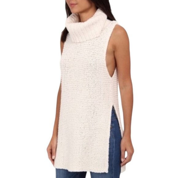 Free People Turtleneck Sleeveless Side Slits Casual Pullover Sweater White Small - Picture 1 of 8